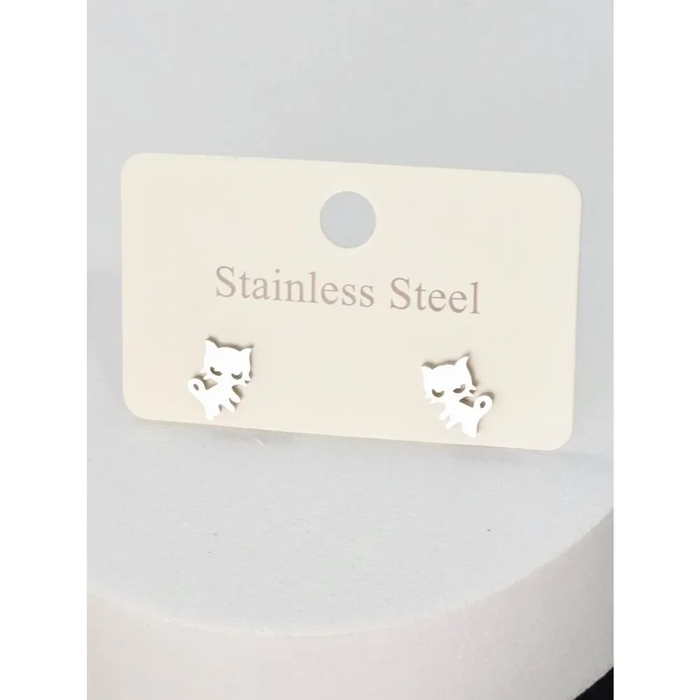 Cat Silhouette Stud Earrings Dainty Silver Stainless Steel Minimalist Pet Lover
